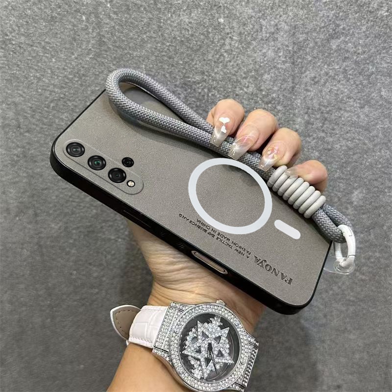 Suitable for เคส เคสสําหรับ Huawei nova 5t Huawei nova5 t เคสโทรศัพท์หนังแกะขอบนุ่มป้องกันการลื่นแขนดูดซับแรงกระแทกพร้อมแหวนดูดแม่เหล็กและเชือกแขวน YBSWBCXQSKS01