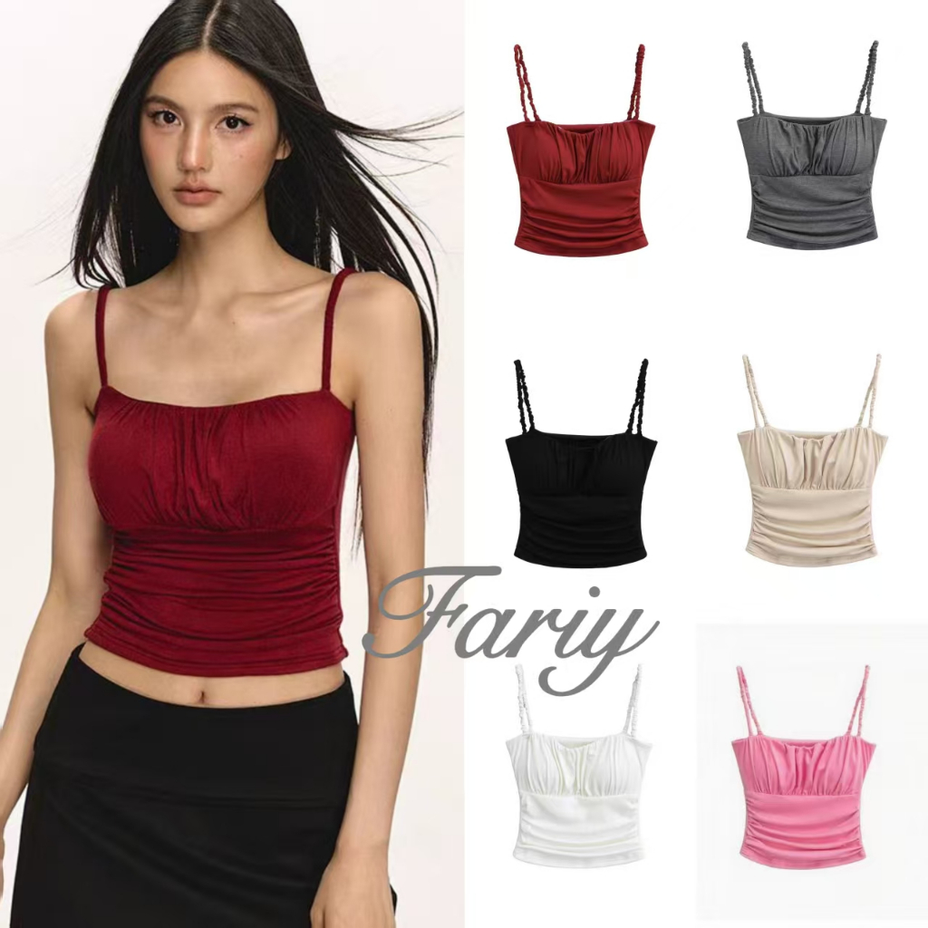 Fariy🍒คลังสินค้าพร้อม🍒 เสื้อกล้ามจีบเสริมหน้าอกสีขาวสำหรับผู้หญิงในช่วงฤดูร้อน ทรงสั้นสไตล์สาวเซ็กซี่ เข้ารูป สวมได้หลากหลาย