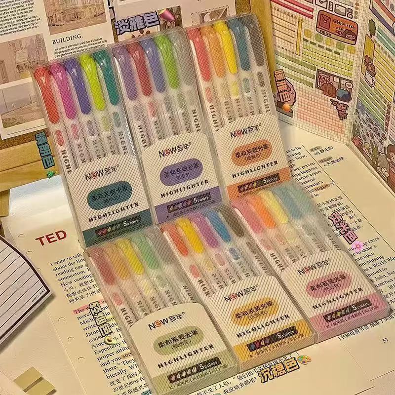 Letit 【5PCS】ปากกาเรืองแสง แบบสองหัว สําหรับตกแต่งงานศิลปะ ชุดละ 5 ชิ้น