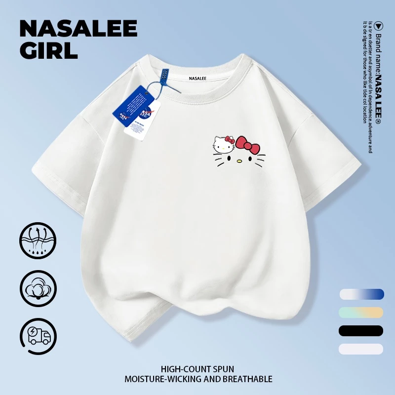【ส่งของในวันเดียวกัน】เสื้อยืดแขนสั้นเด็ก NASA เนื้อฝ้ายสีขาว ระบายอากาศดี ลายเฮลโลคิตตี้เรียบง่ายน่ารัก ใส่ได้ทั้งเด็กชาย-เด็กหญิง สไตล์เก๋ไก๋ เนี้ยบๆ ใส่ได้ทุกโอกาส