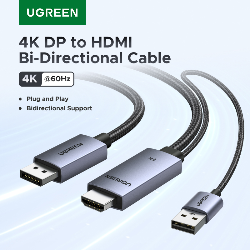 UGREEN 4K DP to HDMI Bidirectional Cable พร้อมสายชาร์จ USB ความละเอียดสูงพร้อมเปลือกอลูมิเนียมและแขนถักความยาว 2M