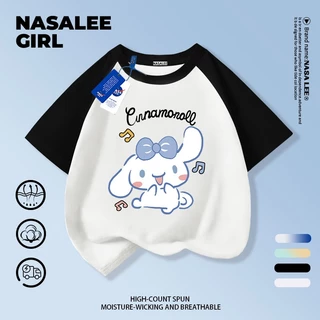 【ส่งของในวันเดียวกัน】เสื้อยืดแขนสั้นเด็ก NASA แบบแร็กแลน เนื้อฝ้ายสีบลูแอพริคอท ระบายอากาศดี ลายคินาโกะโร่ (Cinnamoroll) ใส่ได้ทั้งเด็กชาย-เด็กหญิง สไตล์สตรีทแฟชั่น