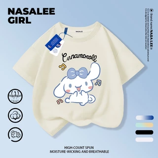 【ส่งของในวันเดียวกัน】เสื้อยืดแขนสั้นเด็ก NASA แบบแร็กแลน เนื้อฝ้ายสีบลูแอพริคอท ระบายอากาศดี ลายคินาโกะโร่ (Cinnamoroll) ใส่ได้ทั้งเด็กชาย-เด็กหญิง สไตล์สตรีทแฟชั่น