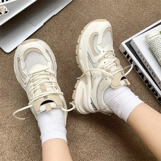MiSTERY รองเท้ากีฬาผู้หญิง พื้นหนา เพิ่มสูง 5cm ระบายอากาศ ตาข่าย สีเบจ SIZE 35-42 MIS-1555