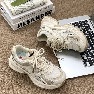 MiSTERY รองเท้ากีฬาผู้หญิง พื้นหนา เพิ่มสูง 5cm ระบายอากาศ ตาข่าย สีเบจ SIZE 35-42 MIS-1555