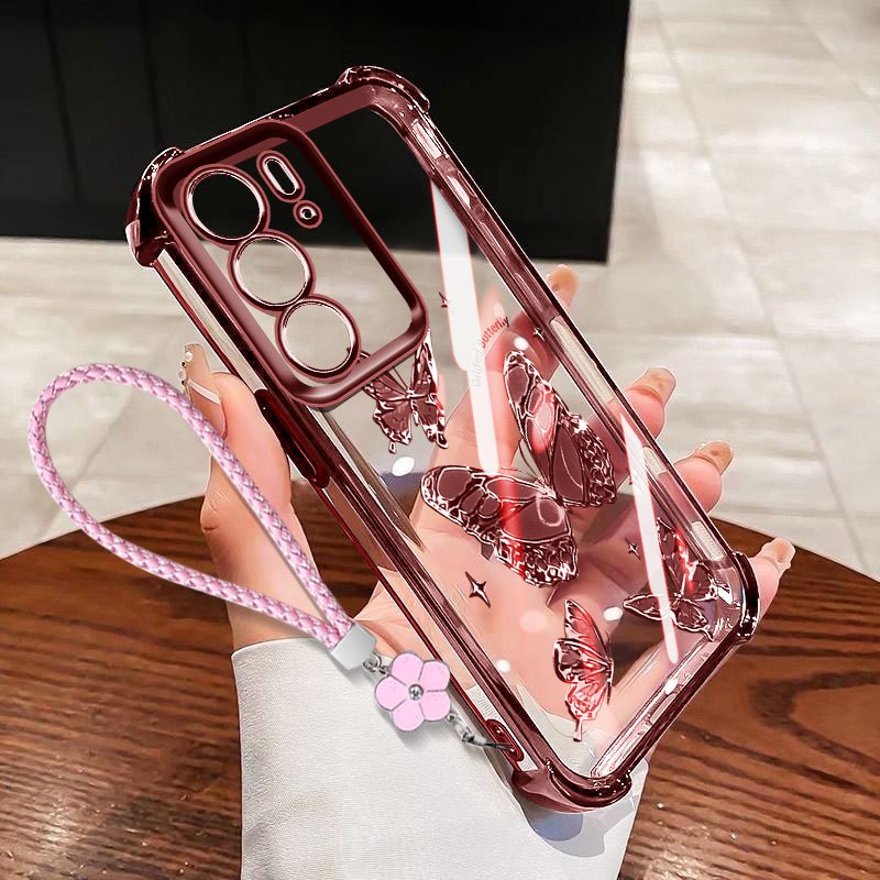 VRQR สําหรับ Oppo Realme C75X C75 C71 4G ปลอกสี่ผีเสื้อโปร่งใส Anti Drop เคสโทรศัพท์พร้อมเชือกดอกไม้