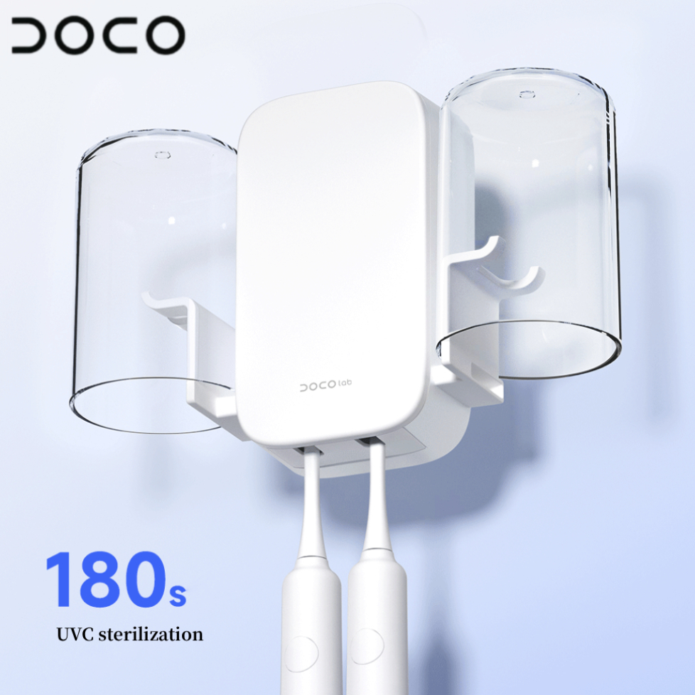 DOCO ฆ่าเชื้อผู้ถือแปรงสีฟัน UVC ฆ่าเชื้อ Air Drying ติดผนัง