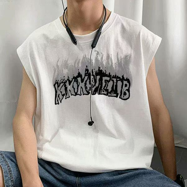 【ผ้าฝ้ายแท้】เสื้อทีชายแขนกุดผู้ชาย แบบ Oversize | ลายพิมพ์สไตล์สตรีท ระบายอากาศดี ใส่สบาย ใส่ได้ทุกวัน