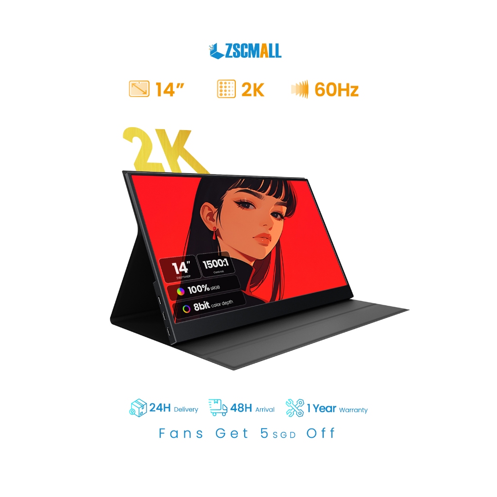 ZSCMALL 14 นิ้ว 2K จอภาพแบบพกพาแล็ปท็อป USB C HDMI Gaming Ultra-Slim จอแสดงผล IPS สมาร์ทฝาครอบและลําโพง 2160*1440P HDR Plug & Play ภายนอก Monitor สําหรับแล็ปท็อป