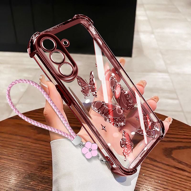 VRQR สําหรับ Samsung Galaxy A17 A37 A57 5G 4G ปลอกสี่ผีเสื้อโปร่งใส Anti Drop เคสโทรศัพท์พร้อมเชือกดอกไม้