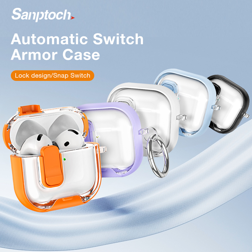 Sanptoch สําหรับ AirPods 4th / Pro2 / 3rd Gen ล็อคอัตโนมัติป้องกันกรณีพร้อมขาตั้งโทรศัพท์และชุดทําความสะอาดสําหรับ Airpods Pro / 2 / 1 Drop กันกระแทกคลุมทั้งหมดพร้อมเชือกเส้นเล็ก
