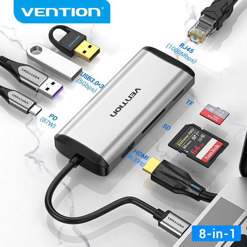 Vention Type C HUB USB 3.0 พอร์ต Hub HDMI 4K 30Hz RJ45 USB C Multiport Port Thunderbolt 3 Docking St