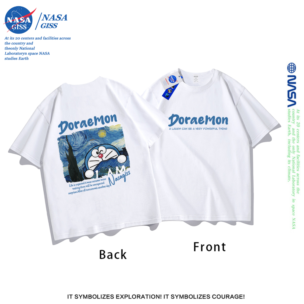 NASA เสื้อยืดชายหญิงแขนสั้น สตรีทฮิปฮอป summer โดเรมอน พิมพ์ลาย คอตตอน คอกลม หลวมและระบายอากาศ