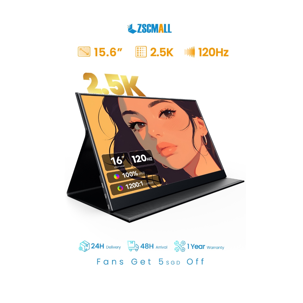 ZSCMALL 16" 2.5K จอมอนิเตอร์เกมแบบพกพา 2560x1600 QHD | รองรับ HDR และ FreeSync | พร้อมเคสป้องกันส mart | จอ IPS แบบด้าน (Matte) ป้องกันสายตา | จอภาพภายนอกเพิ่มเติม สำหรับ PC, แล็ปท็อป, PS4/5