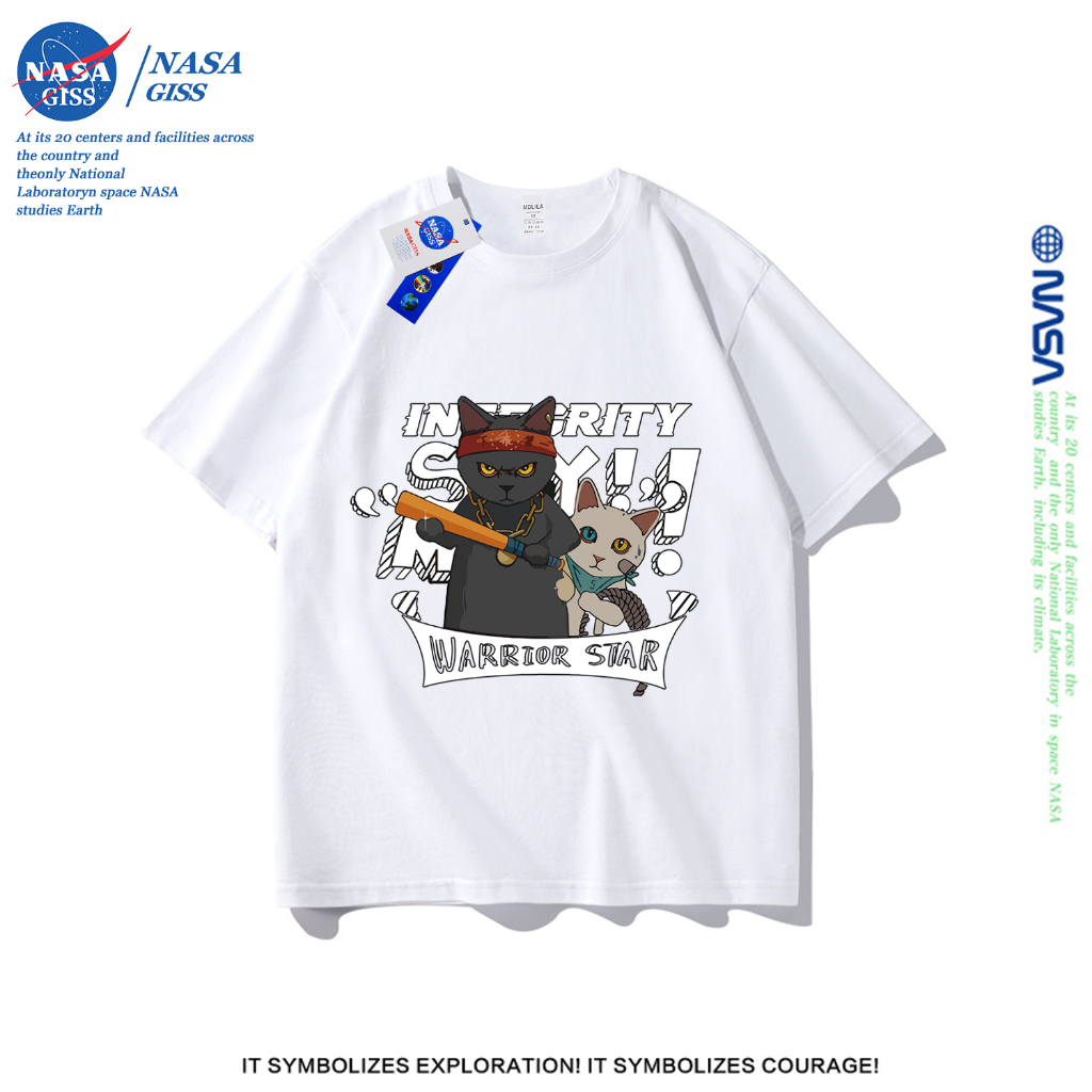 NASA เสื้อยืดชายหญิงแขนสั้น สตรีทฮิปฮอป summer แมวผู้กล้าหาญ พิมพ์ลาย คอตตอน คอก
