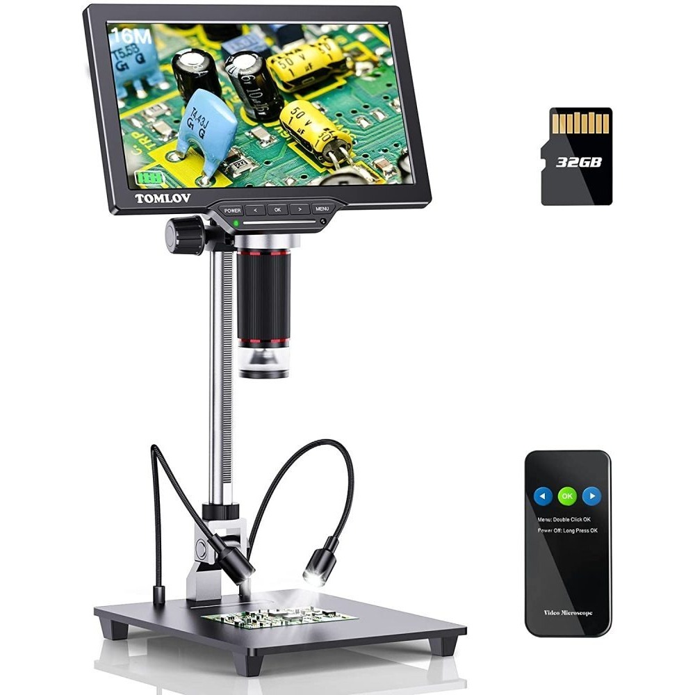 TOMLOV DM201 Pro กล้องจุลทรรศน์ดิจิตอล HDMI 1200X,รวมขาตั้ง 10 นิ้ว, 7 " LCD Digital Microscope 16MP