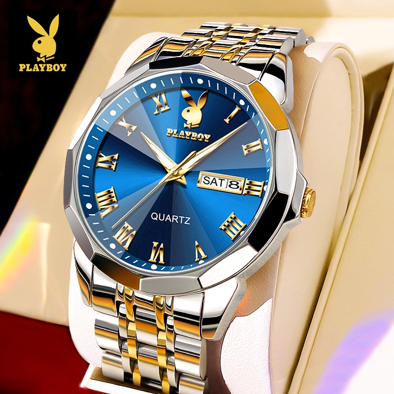 PLAYBOY แบรนด์แท้ กันน้ำ รุ่นใหม่ 2025 สายนาฬิกาสแตนเลส ส่องสว่าง ปฏิทิน สัปดาห์ พร้อมกล่องของขวัญ