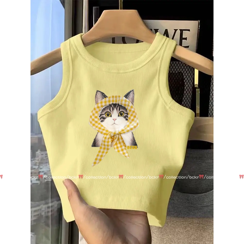 แฟชั่นเกาหลีสไตล์🎀ลายแมวผ้าคลุมหัว ชุดหน้าร้อน เสื้อผญ เสื้อ😽สั้น เข้ารูป เซ็กซี่ สาวแซ่บ เสื้อกล้ามYG1913