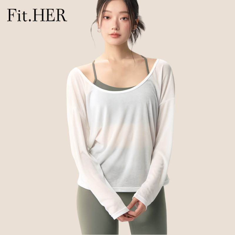 Fit.HER เสื้อยืดตาข่ายแห้งไวสำหรับโยคะ เหมาะสำหรับพิลาทิสและเสื้อแขนยาวสำหรับเทนนิสและยิม