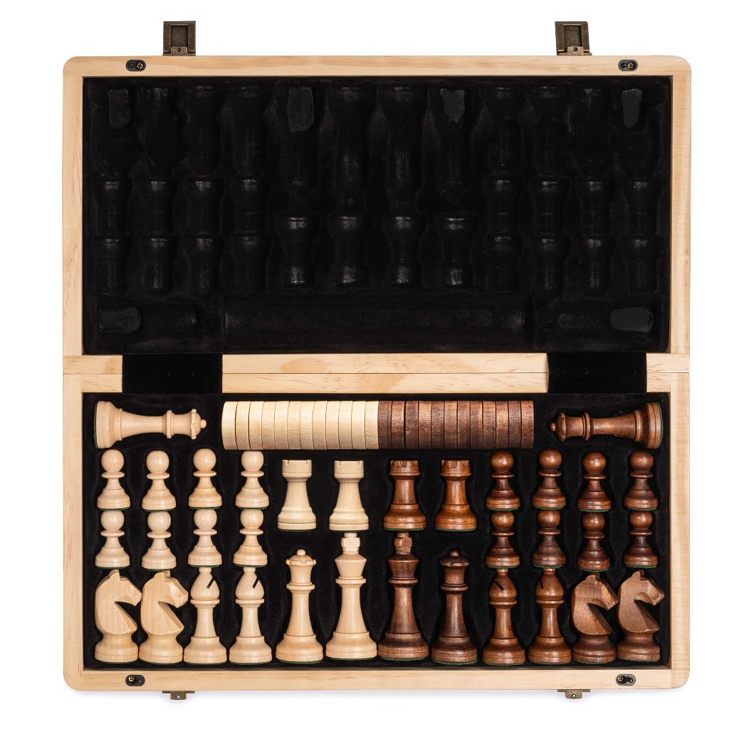 A&A 38 * 38cm Wooden Folding Chess & Checkers Set w/ 7.6cm King Height Staunton Chess Pieces / 2 Ext