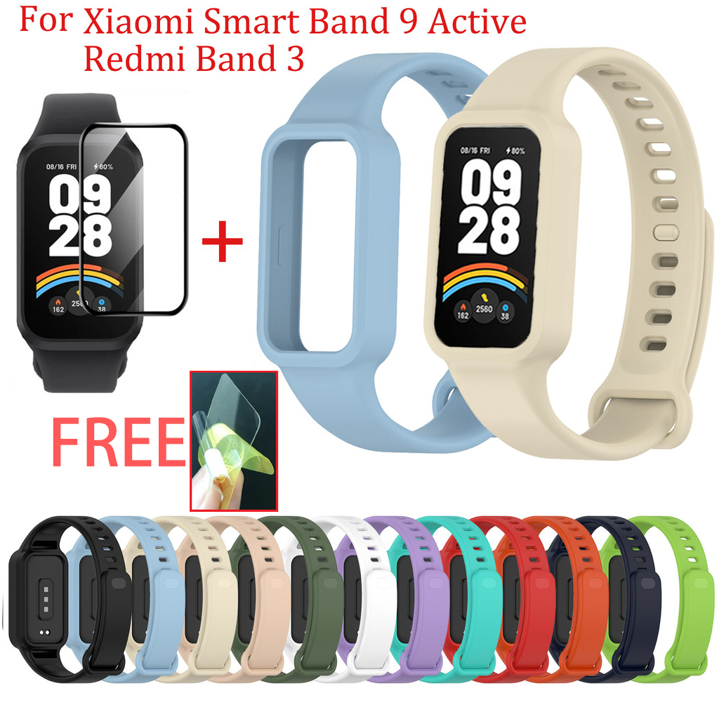 2 in 1 สายซิลิโคนสําหรับ Xiaomi Smart Band 9 Active/Redmi Band 3 พร้อม PMMA ป้องกันหน้าจอคลุมทั้งหมดฟิล์มกันน้ํากีฬา Band สายรัดข้อมือแฟชั่น