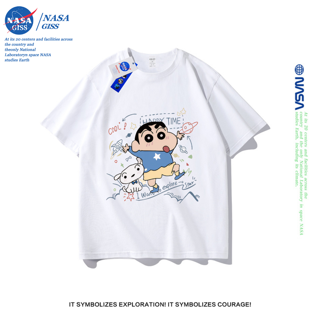 NASA เสื้อยืดชายหญิงแขนสั้น สตรีทฮิปฮอป summer เครยอนชินจัง พิมพ์ลาย คอตตอน คอกลม หลวมและระบายอากาศ