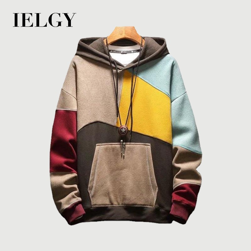 IELGY แฟชั่นหลวมเย็บเสื้อกันหนาวผู้ชายแขนยาวญี่ปุ่นสบายๆฮิปฮอป