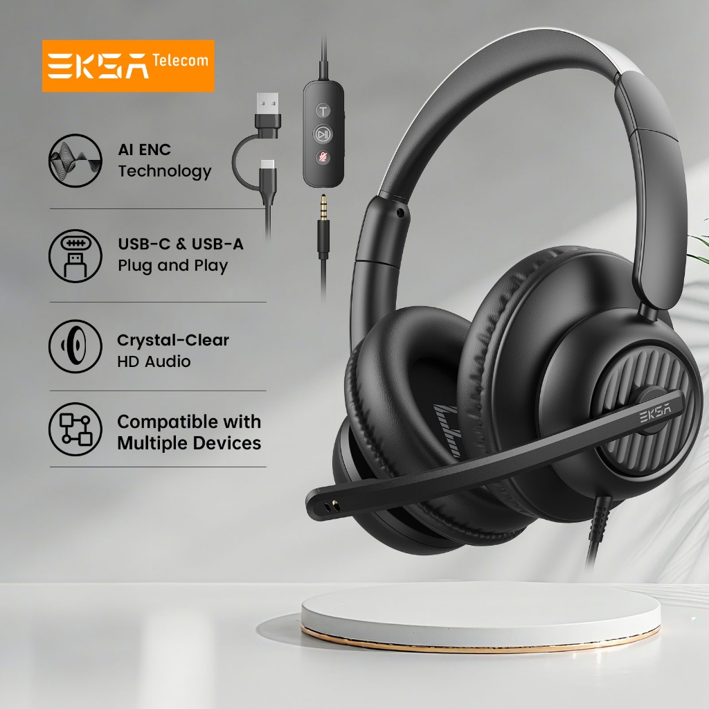 EKSA H8 ชุดหูฟังสํานักงาน USB-A/USB-C หูฟังแบบมีสายพร้อมไมโครโฟนตัดเสียงรบกวน ENC ปุ่มปิดเสียง