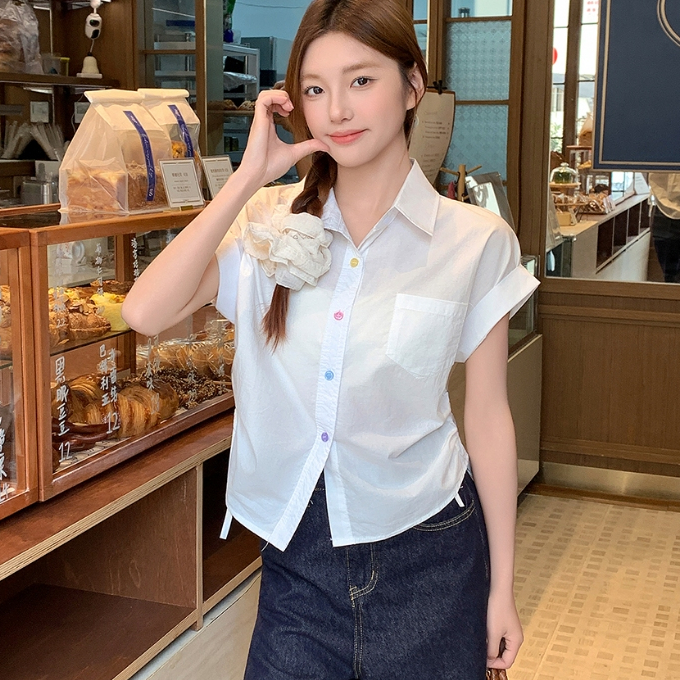 Laterme S-XL เสื้อเชิ้ตแขนสั้นน่ารักมาก คอปก กระดุมหน้า สไตล์สาวเกาหลี