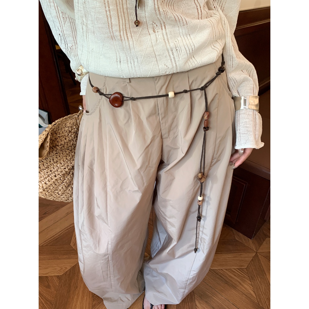 กระโปรงถักลายลูกปัดสีน้ำตาล สไตล์คลาสสิก สำหรับผู้หญิง พร้อมเชือกปรับขนาด และเข็มขัด กางเกงยีนส์เอวสูง