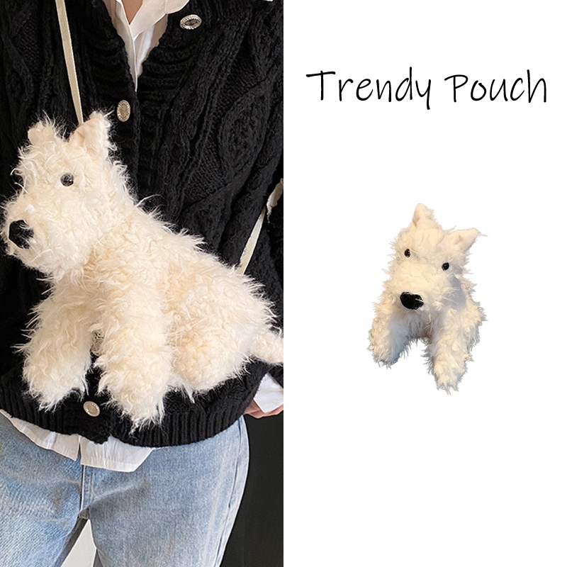 TRENDY POUCH   กระเป๋าลูกสุนัขตุ๊กตาน่ารักของผู้หญิงกระเป๋า Messenger ตุ๊กตาการ์ตูนขนฟูใหม่