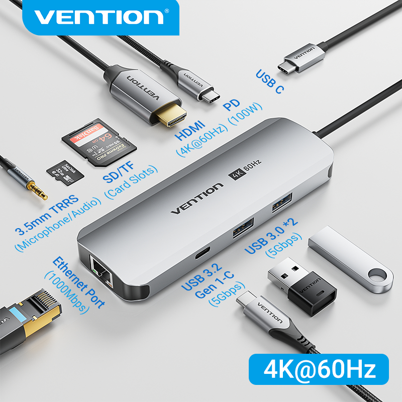 Vention hub type-C ฮับอะแดปเตอร์ 9 in 1 4K60Hz  5Gbps HDMI PD100W VGA  USB3.0 RJ45  3.5 มม. SD TF อะแดปเตอร์ฮับ สําหรับแล็ปท็อป Ipad MacBook