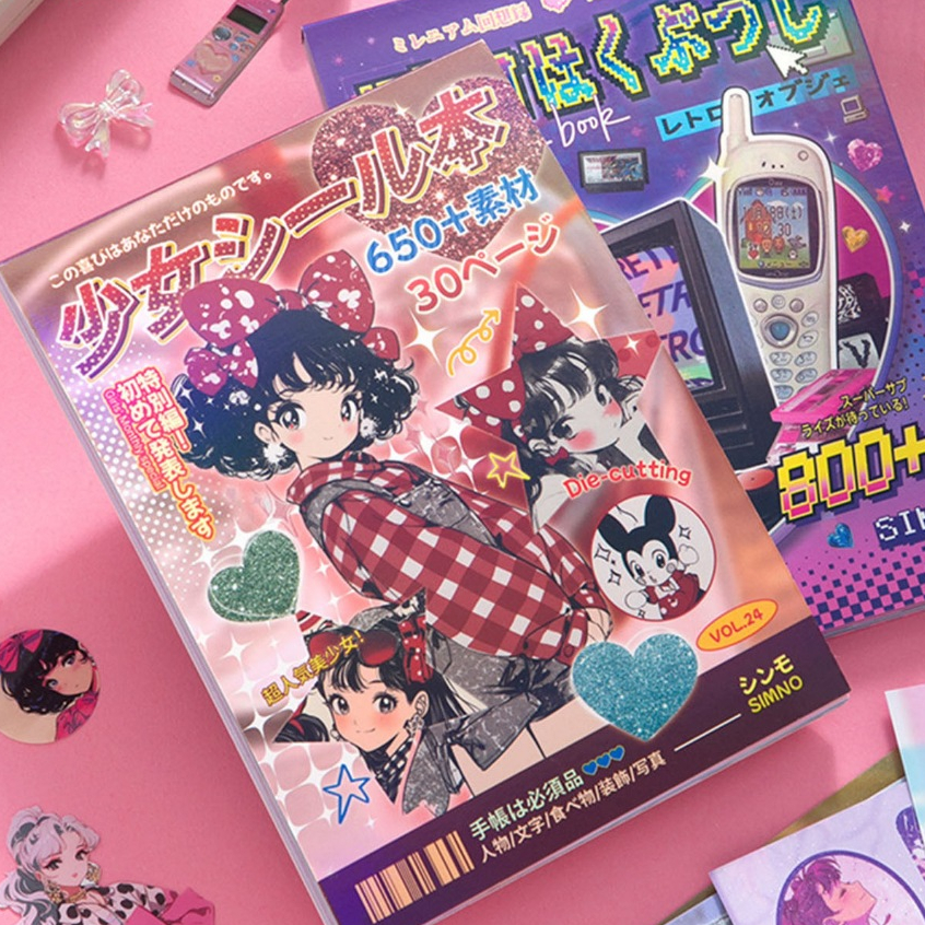สมุดสติกเกอร์แผ่นตัด สไตล์ย้อนยุค วัสดุทำ DIY ตกแต่งเคสโทรศัพท์และแก้วน้ำ