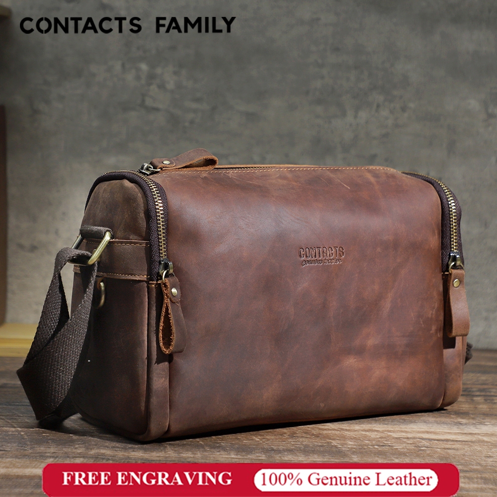 CONTACTS FAMILY Crazy Horse หนังผู้ชายกระเป๋าถือ Designer Vintage Crossbody กระเป๋าขนาดเล็กสลิงกระเป๋าสะพายแบรนด์หรู Messenger ใหม่