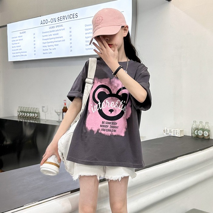 เสื้อยืดเด็ก ท็อปส์ซูเด็กผู้หญิง พิมพ์ลูกแมวน่ารัก สีแอปริคอท ฤดูร้อน แฟชั่น หวาน พักผ่อน [จัดส่งในประเทศไทย] สินค้าพร้อมส่ง 130-160cm