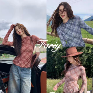 Fariy🍒คลังสินค้าพร้อม🍒 เสื้อยืดผู้หญิงแขนยาวลายตารางย้อนยุคสไตล์เรโทรเข้ารูปเข้ารูปผ้าตาข่ายระบายอากาศฤดูร้อน