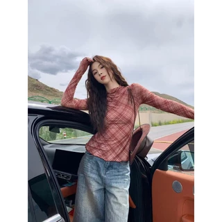 Fariy🍒คลังสินค้าพร้อม🍒 เสื้อยืดผู้หญิงแขนยาวลายตารางย้อนยุคสไตล์เรโทรเข้ารูปเข้ารูปผ้าตาข่ายระบายอากาศฤดูร้อน