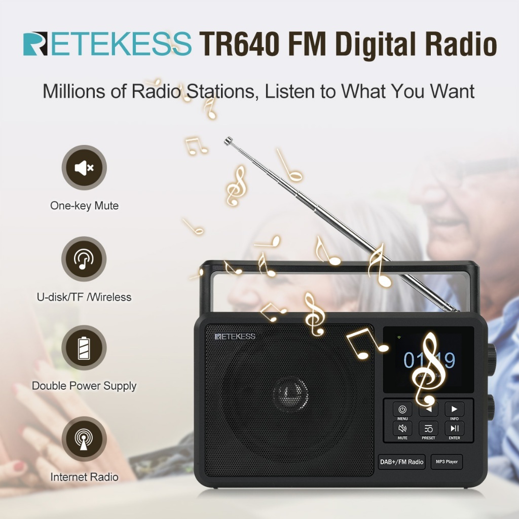 Retekess TR640 WI-FI วิทยุอินเทอร์เน็ต FM แบบพกพา DAB การเชื่อมต่อไร้สายภายนอกเสาอากาศลูกบิดการดําเน