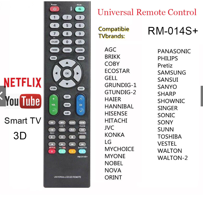 รีโมทคอนโทรลสากลสําหรับทุกยี่ห้อ Smart TV Remote YouTube/NETFLIX RM-014S+