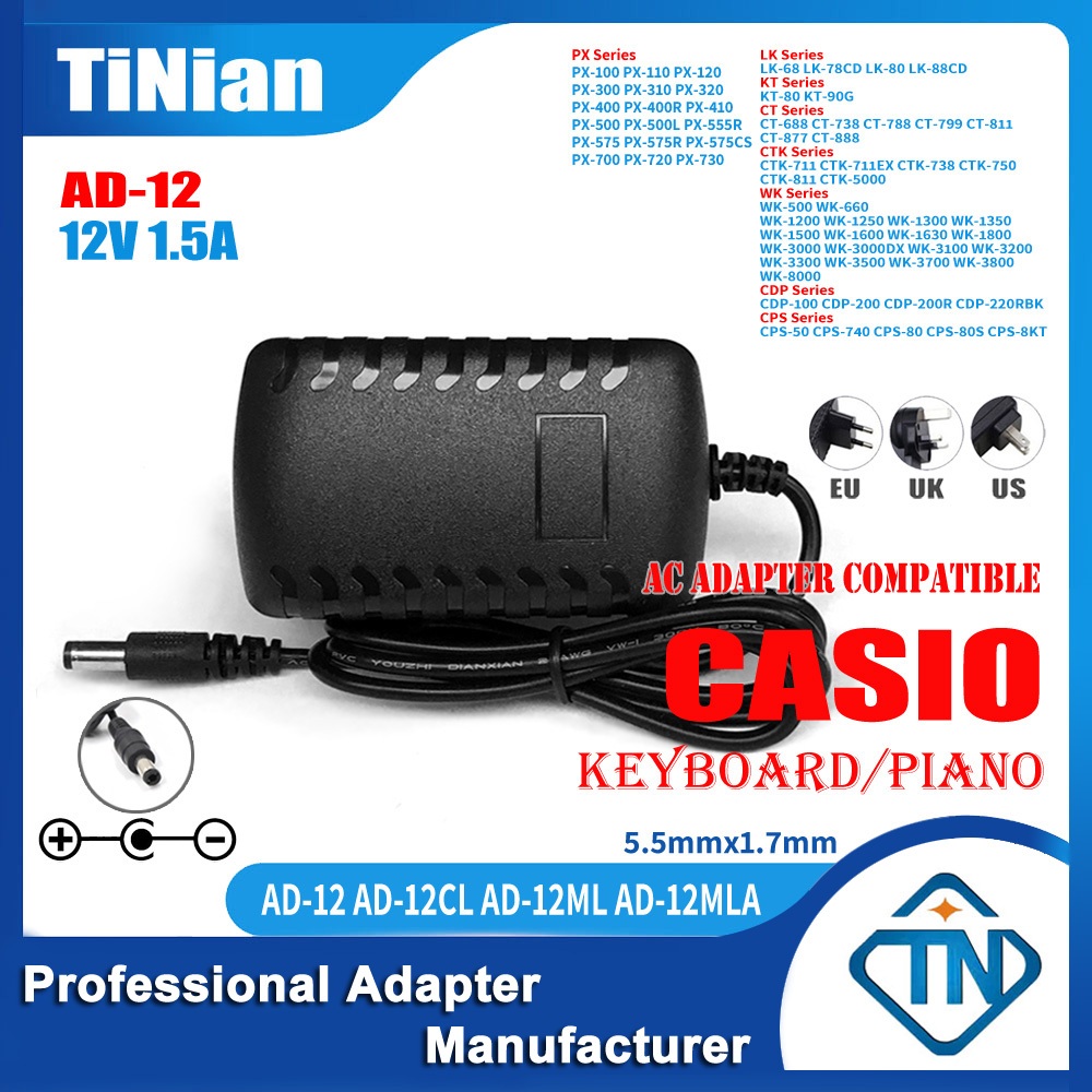12V 1.5A AD-12 AD-12CL อะแดปเตอร์ AC สําหรับ CASIO CPS-60 PX-575 (R/CS) PX-700 PX-720/C LK-350it CTK