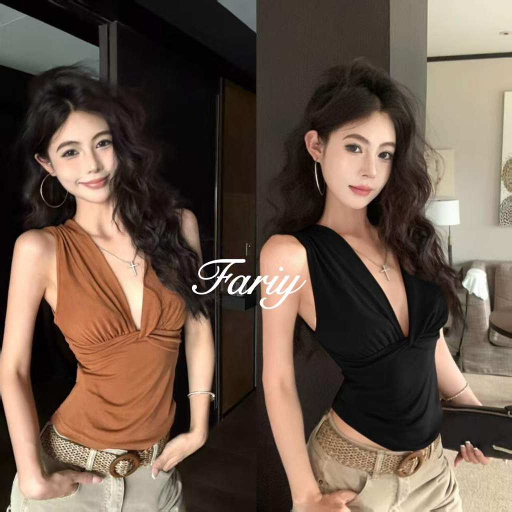 Fariy🍒คลังสินค้าพร้อม🍒 สายรัดถุงน่องคอวีลึกบิดโดปามีนแบบไทยสำหรับผู้หญิงที่จะสวมใส่เป็นชุดนอกสำหรับหน้าร้อนสุดฮอต เสื้อกั๊กคอวีแขนกุดแบบบาง เสื้อตัวสั้น