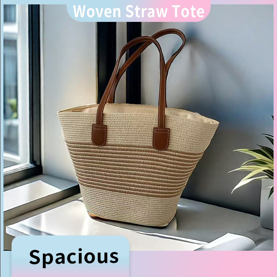 กระเป๋าถักจากฟางสำหรับวันหยุดในฤดูร้อน ความจุขนาดใหญ่ สไตล์แฟชั่นปัจจุบัน เหมาะสำหรับเดินเล่นที่ชายหาดและช้อปปิ้งแบบสบายๆ