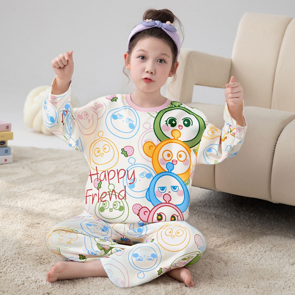 ชุดนอนเด็กผู้หญิงแขนยาวเด็กน่ารักการ์ตูนเด็กโตกลางฤดูใบไม้ร่วงและฤดูหนาวใส่ได้ชุดนอน