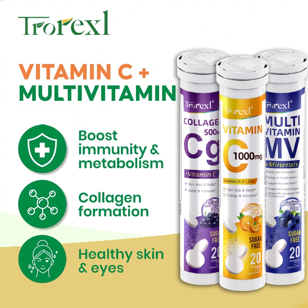 Trorexl วิตามินซีฟู่ A/B/C/D/E + สังกะสี 1000 มก. อาหารเสริมวิตามิน 20 ชิ้นคอลลาเจนไวท์เทนนิ่งเพิ่มภ
