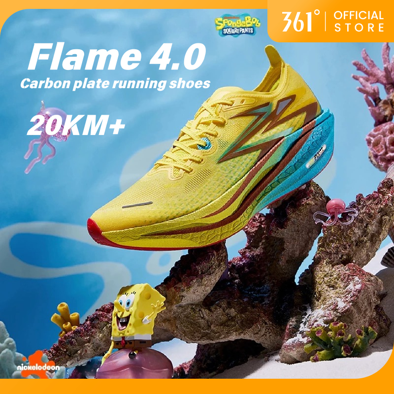 【Release on 8.5】361 Degrees Flame 4.0 SpongeBob รองเท้าวิ่งมาราธอนคาร์บอนเพลทระดับมืออาชีพสำหรับผู้ช
