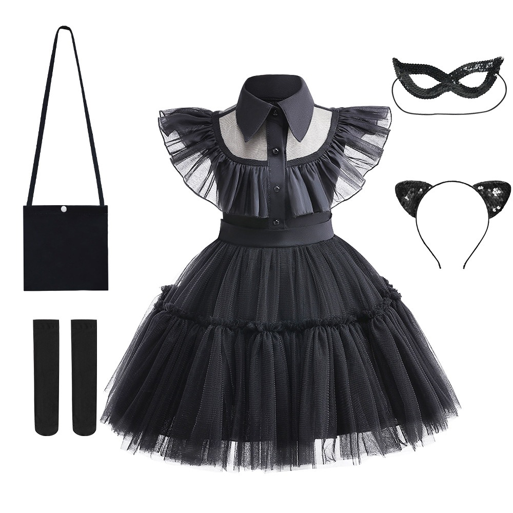 Halloween Kids Girls Party Princess Dress Costume +headband +Sock +mask Cosplay Girls Black Gothic D
