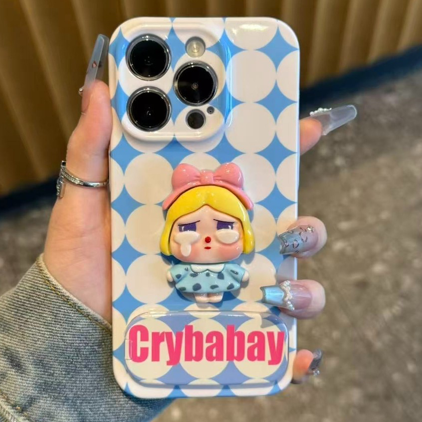 ALYX น่ารัก 3D Crybabay ตุ๊กตาเคสโทรศัพท์พร้อมกระจก, PU Checkerboard รูปแบบใช้งานร่วมกับ iPhone 17/1