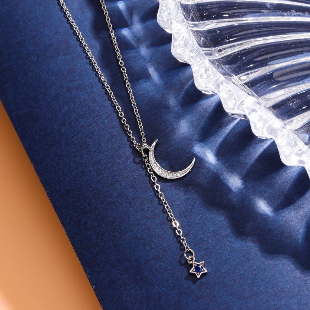 สไตล์ใหม่ 925 สร้อยคอเงินแฟชั่นเพชร-เรียงราย Star Moon Star Moon Fresh All-Match อารมณ์ที่ไม่ซ้ํากัน
