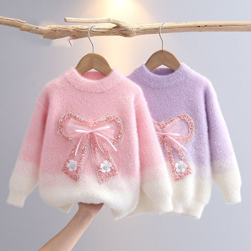 เสื้อกันหนาวเด็กผู้หญิง ฤดูใบไม้ร่วง-ฤดูหนาว แขนยาว สีสันสวยงาม เสื้อเชิ๊ตโครเชต์ อบอุ่น พร้อมโบว์ปักที่คอเสื้อ