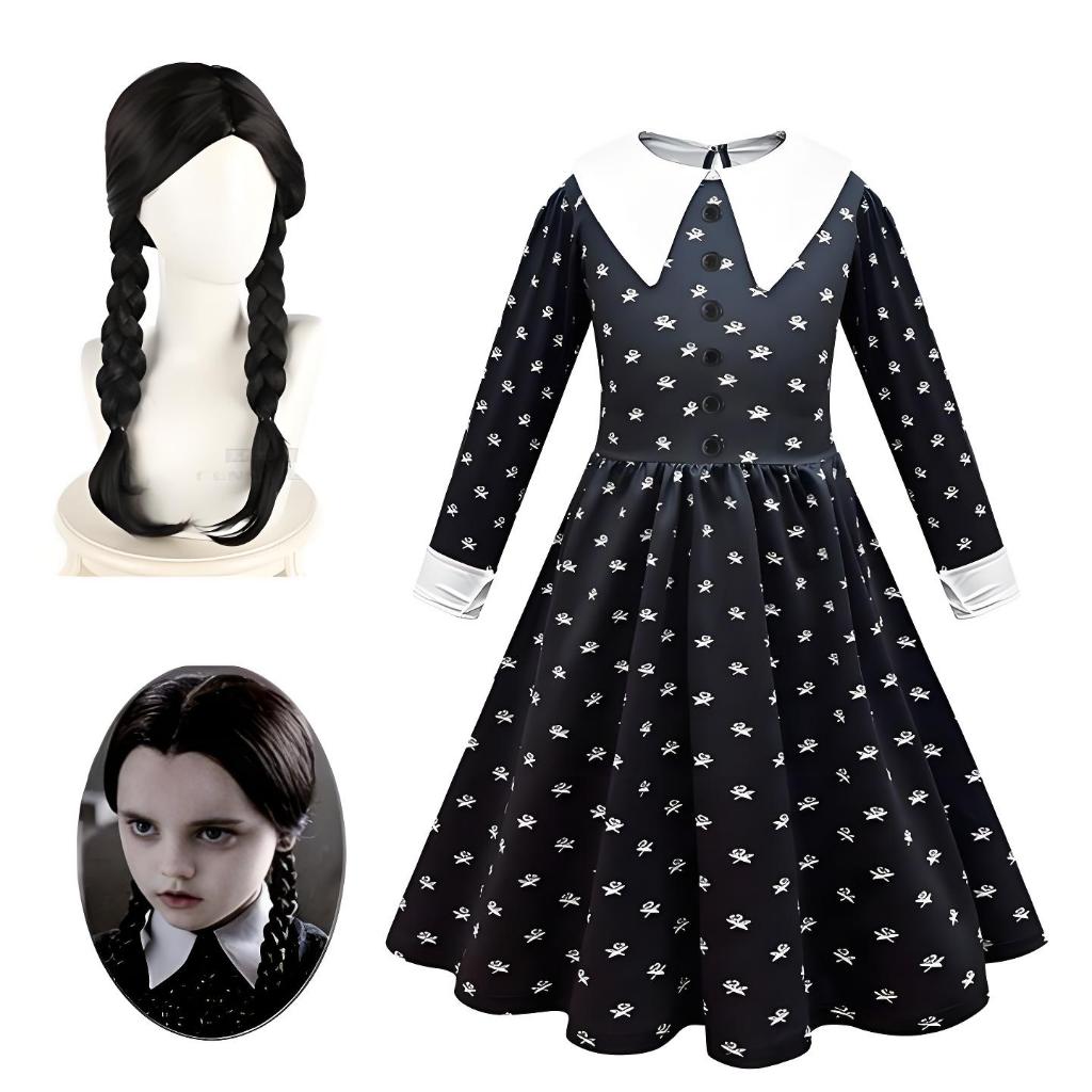 Hot Wednesday Addams ชุดครอบครัววิกผมคอสเพลย์เครื่องแต่งกายสาวเด็กฮาโลวีน Xmas Party เด็กผู้หญิงบทบา